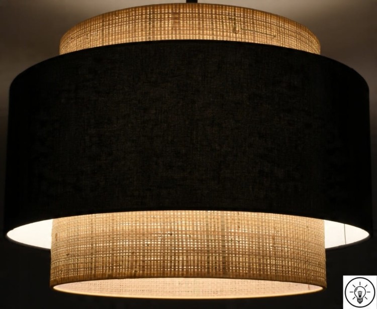 Lampa wisząca Abażur czarny / rafia MIRANO - tort 45 - zapalony